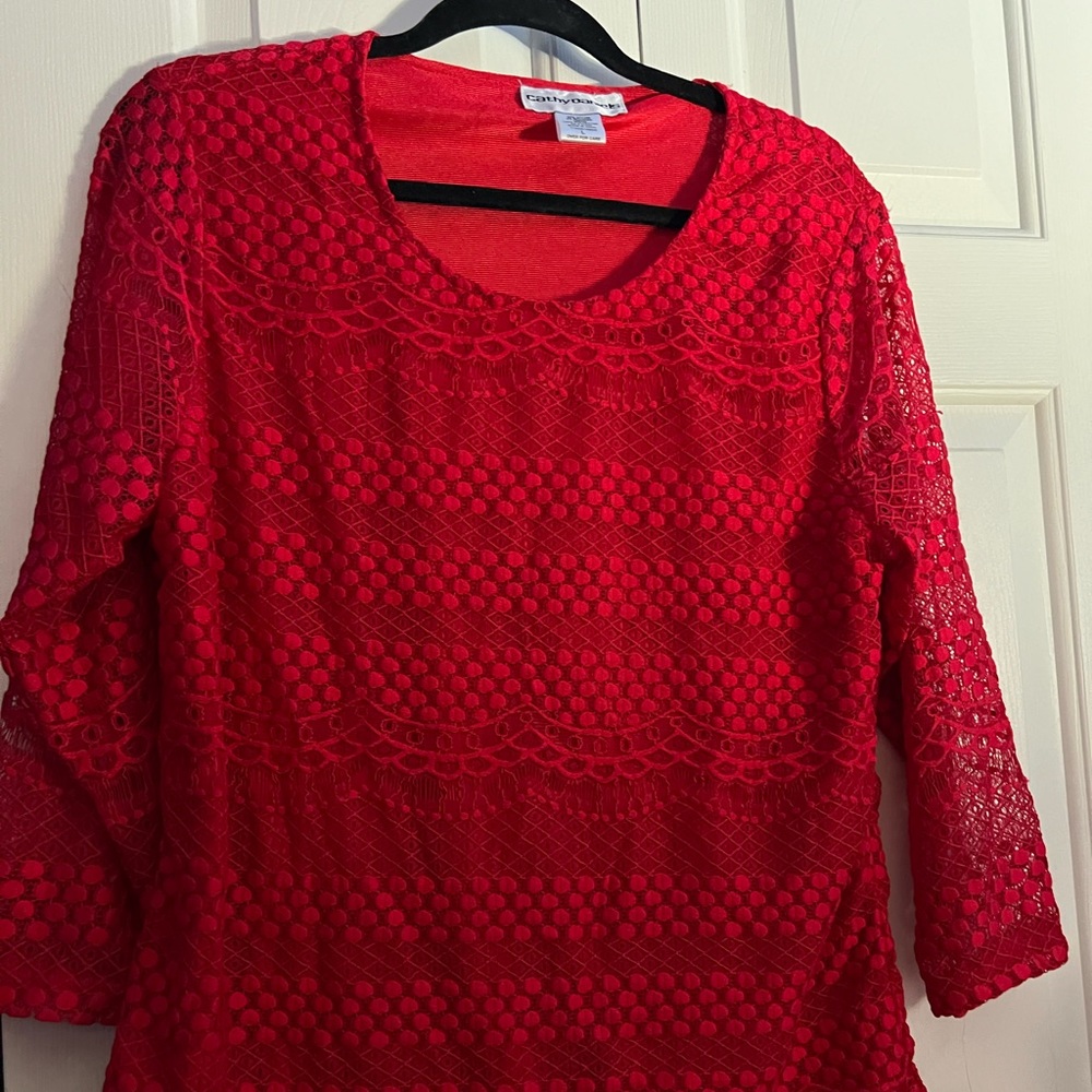Ladies Red Lace stretch lined pullover blouse. 3/4 sleeves (not lined)